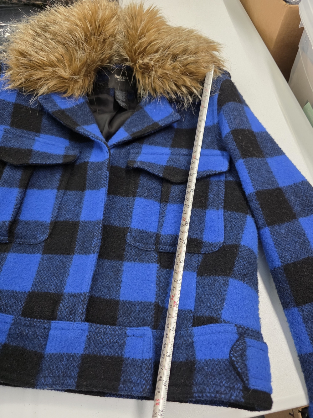 Smythe Wool Black & Electric Blue Buffalo Checks barn jacket with Faux Fur Trim - Picture 6 of 16